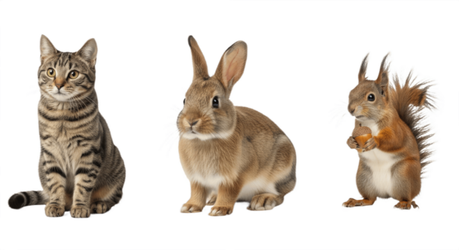 Set of Three Cute Animals – Cat, Rabbit, and Squirrel Isolated on White Background – Adorable Pet and Wildlife Collection Featuring Fluffy Domestic and Forest Creatures in High Detail for Nature and K