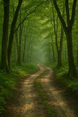 Sunlight filtering through a lush green forest onto a dirt path