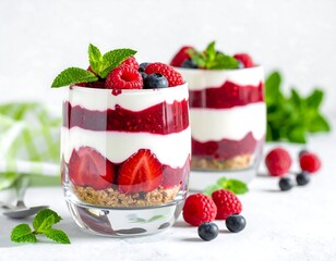 Two clear glasses filled with layered red berries, creamy white layers, and green mint sprigs