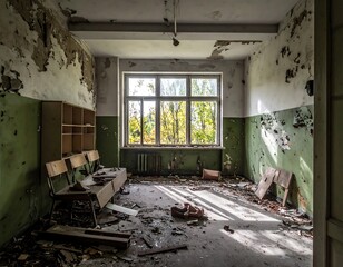 An abandoned room with peeling paint, broken furniture, and a large window framing vibrant fall foliage outdoors. Sunbeams hit the dusty floor