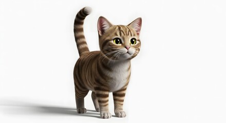 Adorable tabby cat with bright eyes and striped tail posing on a white background, perfect for pet-related designs
