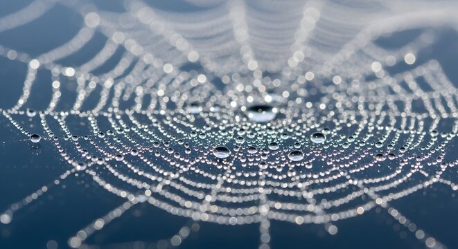 Close-up of a spiderweb adorned with glistening dewdrops against a blurred blue background. The intricate details of the web and the reflective droplets create a captivating natural scene.