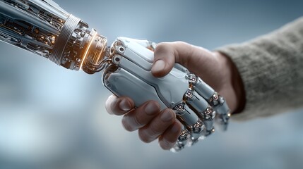 Close-up of a human hand shaking a robotic AI hand symbolizing cooperation between humans and AI, futuristic lighting, soft background, blue and silver color theme.