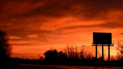 Silhouetted billboard stands against a dramatic, fiery sunset sky.