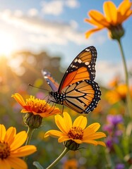 Monarch butterfly on bright yellow flowers, sunrise backdrop