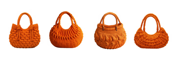 Four textured orange woven tote bags with handles displayed in a line isolated on transparent background