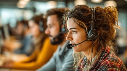 A man and woman work together, both wearing headsets, focused on their work, working together on laptops, inside a modern office.
