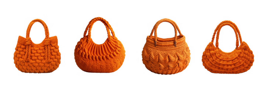 Four textured orange woven tote bags with handles displayed in a line isolated on transparent background