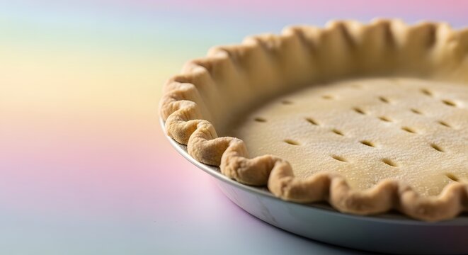 Close-up of an empty pie crust sprinkled with sugar, nestled in a pie tin. The backdrop features a soft, gradient blend of pastel pink, purple, and blue hues, creating a visually appealing contrast.