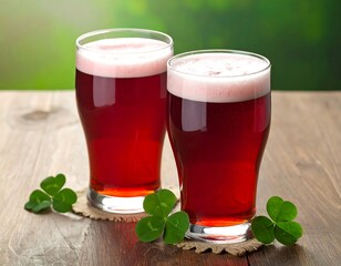 Two clear glasses of ruby-colored beverage with white foam, sitting on coasters with clovers, on wooden surface