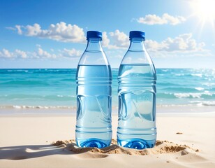 Two clear plastic bottles filled with water stand upright on white sand at a beach, turquoise sea, sunny sky
