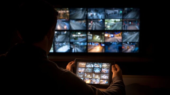 Person watches surveillance cameras on tablet and large screen.