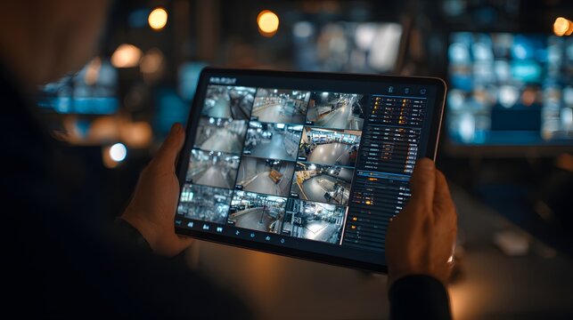 Person using tablet displays multiple surveillance camera feeds and data.