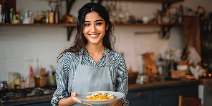 Authentic Portrait of a Happy Young Indian Woman Chef Presenting a Homemade Meal in a Modern Home Kitchen
