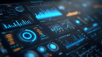 Futuristic digital interface displays real time data charts and graphs.