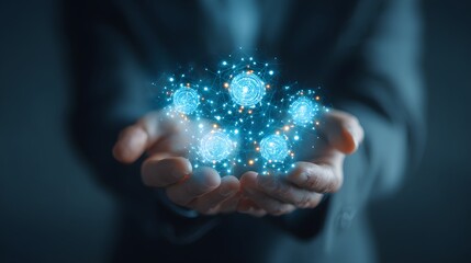 Glowing digital network of nodes in cupped hands against dark background.