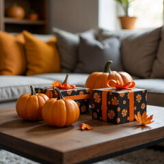 Coffee table with pumpkins and Halloween gift boxes in living room, closeup, selective focus