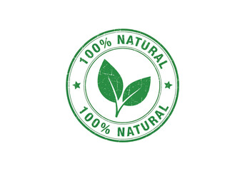 Circular stamp emblem featuring two green leaves and the text 100 percent natural