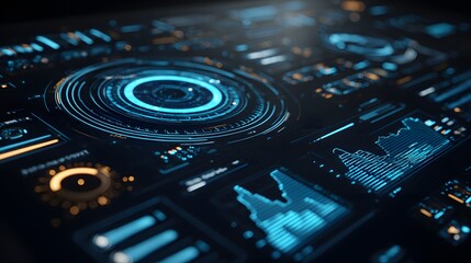 Futuristic digital interface displays data and graphs with glowing lights.