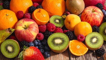 Assortment of vibrant fresh fruits arranged on a rustic wooden surface