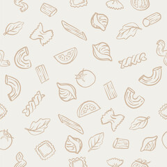 seamless hand drawn beige pasta pattern with various italian noodles tomatoes leaves and herbs on light background perfect for packaging kitchen design and restaurant branding