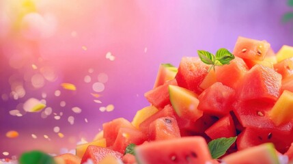 Vibrant fruit salad with fresh watermelon cubes on colorful background