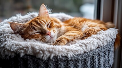 Orange cat sleeping in cozy bed.