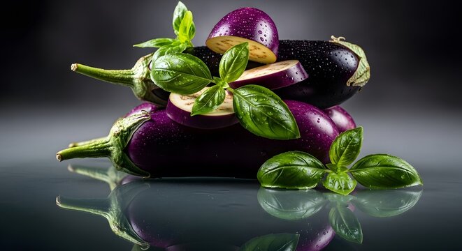 Fresh, wet, purple eggplants and vibrant green basil leaves arranged on a reflective surface against a dark background. This close-up studio shot captures the rich color and detail of the vegetables.