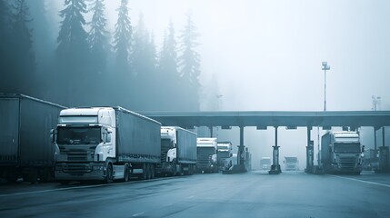 Trucks line up at a foggy border crossing with trees in the background.