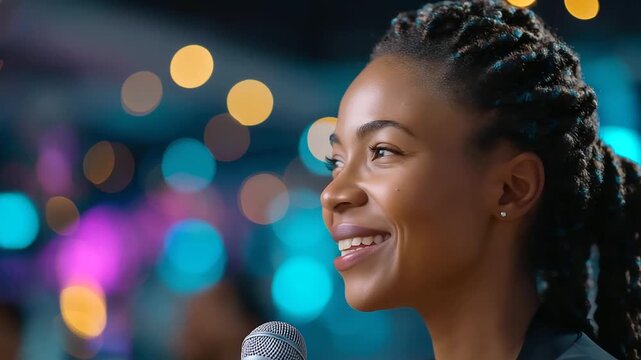 Smiling African female speaker talking to audience during a business conference in convention center, under soft stage lighting, highlighting confident delivery and professional pr
