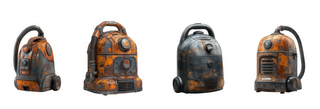 Four rusty, weathered, and damaged industrial backpacks or canisters, presented on a transparent background, evoking a postapocalyptic or survival theme