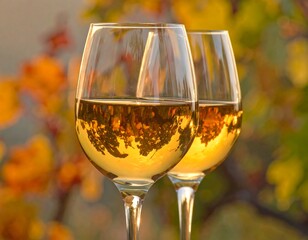 Two clear wine glasses filled with a light amber liquid, reflecting a blurry background of autumn foliage