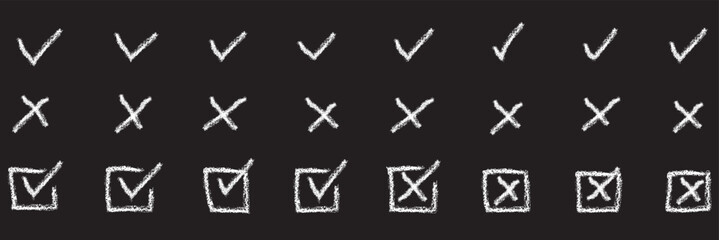 Check tick mark icon set. Cross box x check mark checkbox v list vector draw hand drawn sketch doodle brush marker checklist symbol wrong right circle. Vector Illustration