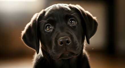 Close-up portrait of a curious black labrador puppy with big eyes looking directly at the camera on a blurred background.