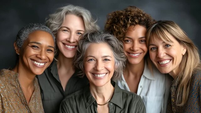 Multi-ethnic group of happy mature women bonding against grey background, under gentle studio light, highlighting warm connections and stylish attire, serene portrait scene, calm g
