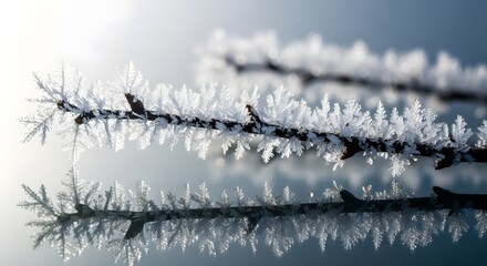 Close-up of a delicate frosted branch with intricate ice crystal formations reflecting in a soft-focused background. The winter scene highlights the beauty of frozen nature.