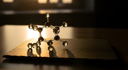 A glass molecular model structure stands on a dark surface. Golden hour sunlight creates warm highlights and long shadows, adding depth and a scientific ambiance.