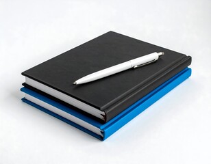 Two closed notebooks stacked, one black, one blue, with a white pen resting on top. The objects are on a plain white background
