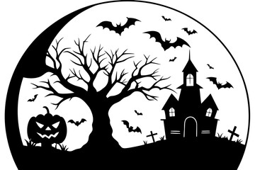 Spooky halloween scene with haunted house bats and pumpkin silhouette isolated on white background
