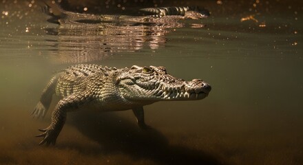 A large crocodile swimming in murky water with a dark and ominous mood.