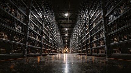 Rows of shelves in a large, dark storage facility with a central pathway.