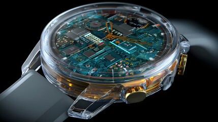 Transparent watch reveals intricate electronic circuit board for modern timekeeping.