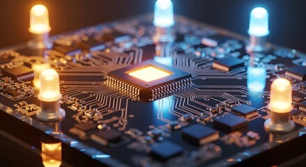 Close-up of an illuminated processor chip on a dark circuit board with orange and blue glowing lights highlighting the components.