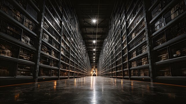 Rows of shelves in a large, dark storage facility with a central pathway.