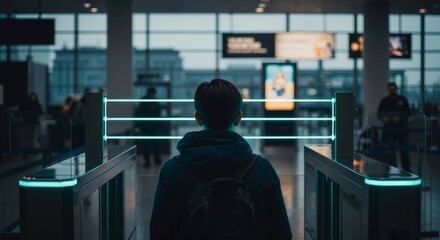 A boy from the back is seen approaching a glowing airport security gate, symbolizing future travel and high tech innovation.