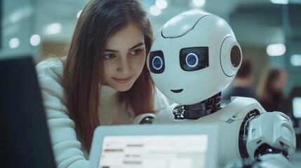 A woman interacts with a friendly robot in a modern setting. Technology and human connection blend seamlessly. The future is bright. Generative AI