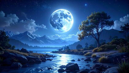Moonlit mountain lake scene