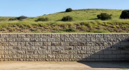 Stone retaining wall against grassy hillside under blue sky