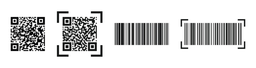 QR code and barcode icon set. Digital code vector collection. QR and barcode symbol pack. Barcode and QR code minimal icons. Technology scan code symbol. Collection of minimal QR code and barcode icon