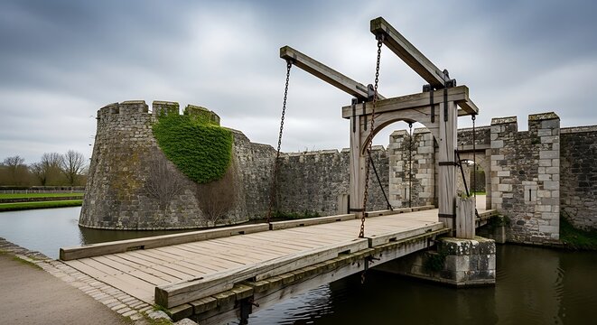 Historic castle with raised drawbridge over moat